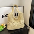 Handmade woven straw tote bag with floral cutouts in natural beige for beach vacation - Petal Hollow Out Style (SLT-2677) / Off White