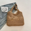 Brown woven mesh tote bag for beach vacation and casual summer style on a flat lay - Petal Hollow Out Style (SLT-2677) / Khaki
