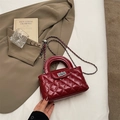 Quilted red patent leather crossbody bag with silver chain and metallic turn-lock closure - No Pendant / Red