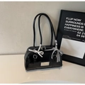 Glossy black patent leather shoulder bag with white satin bow and metallic logo detail - Black without Pendant