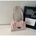 Chic pink leather shoulder bag with decorative ribbons and silver brand logo plate - Pink Without Pendant