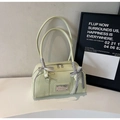 Light green Boston shoulder bag in glossy leather with decorative ribbon bow - Green Without Pendant