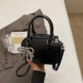Minimalist black patent leather handbag with heart embossing and beaded bow charm - With Pendant / Black