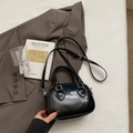Glossy black patent leather pillow bag with heart stitching and adjustable strap - No Pendant / Black