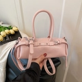 Borsa a cilindro rosa lucida con fibbia argento e manici superiori in stile chic - Rosa senza ciondolo
