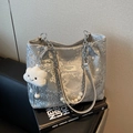 Borsa tote argento a serpentina con tracolla di perle e ciondolo a nuvola soffice - Argento (Con Ciondolo)