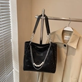 Black snake-embossed tote bag with elegant pearl and silver chain detailing - Black without Pendant