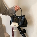 Glossy black handbag with silver buckle and cloud plush charm for women - Black with Pendant