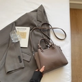 Dark brown lychee pattern bucket bag with double handles and adjustable strap - Brown No Pendant
