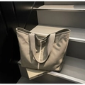 Minimalist canvas tote bag in beige-grey with vertical stripe and wide webbed handles - Khaki