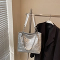 Silver snakeskin tote bag with elegant pearl and metal chain strap for stylish women - Silver No Pendant