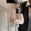 Pink patent leather handbag with a cute white cloud plush charm and silver logo - Pink with Pendant