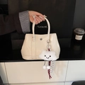 Creamy white chic tote bag with plush cloud charm and woven ribbon decoration - Beige With Charm
