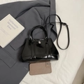 Minimalist black patent leather tote bag with silver metal buckle and crossbody strap - Black without Pendant