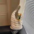 Elegante bolso de cesta de ganchillo blanco crema con forro para playa de verano - Blanco Roto