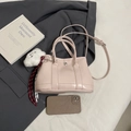 Light pink PU leather handbag with plush charm and adjustable strap for daily use - Pink Without Pendant