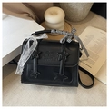 Retro black PU leather star messenger bag with lace ribbon handle and shoulder strap - Black