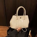 Chic beige faux leather handbag with circular metal clasp and versatile shoulder strap - Rice White (No Pendant)