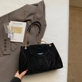 Chic black pleated leather shoulder bag with gold chain strap and luxury matte finish - Black (Without Charm)