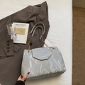 Silver wrinkled leather shoulder bag with gold chain strap in a stylish urban setting - Silver (No Pendant)