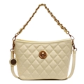 Beige quilted tote bag with classic diamond stitching and gold chain strap handle - Yellow