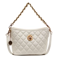 White quilted tote bag with gold chain strap and metal swivel lock closure - White