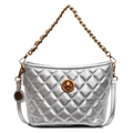 Silver quilted tote bag with gold chain strap and metallic finish for women - Silver