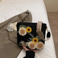 Black square shoulder bag with colorful floral embroidery and ethnic strap - Black