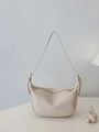 Minimalist beige moon-shaped shoulder bag with litchi texture and golden zipper detail - Off White