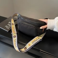 Black nylon chest bag with double zipper and colorful letter strap for women - Black