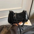Glossy black shoulder bag with chunky chain strap and adjustable leather strap - Black