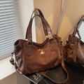 Retro dark brown large capacity tote bag with adjustable strap and vintage texture - Dark Brown