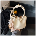 Chic beige pleated bucket bag with knotted handle and cute plush bear charm accessory - With Bear Pendant / Off White