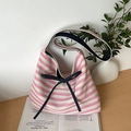 Pink and white striped canvas tote bag with dark blue bow and navy blue handles - Light Pink