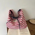 Pink and white striped canvas tote bag with blue denim ribbon handles and logo patch - Rose Pink