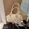 Chic pleated milk white bowling bag with lace bow and pearl charm for women - Off White