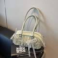 Pleated light green cylinder shoulder bag with a pearl lace bow charm detail - Green