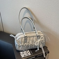 Silver pleated bowling bag with pearl bow and lace detail for elegant women - Silver