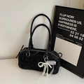 Elegant black pleated bowling bag with pearl bow pendant and dual top handles - Black