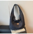 Deep blue denim tote bag with checkered lining and a chic bow tie ribbon closure - Blue - Black and White Gingham