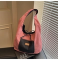 Red and white gingham tote bag with a dark denim pocket and stylish black tie closure - Blue - Red and White Gingham