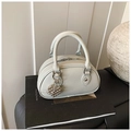 Mini borsa bowling in pelle grigio chiaro con ciondolo a sfere argentate e manici - Con Ciondolo / Blu