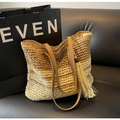 Sac cabas vintage en paille tressée à rayures dégradées avec anses en cuir et pompon - Kaki