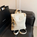 Creamy white PU leather backpack with vintage texture and cute girl doll charm - White with Pendant