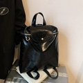 Chic black glossy crinkled leather backpack with gold buckle and top handle for women - Black without Pendant