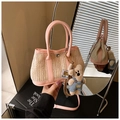 Detail of pink straw bag showing woven texture, leather handle and cute bear charm - Pink (with Pendant)