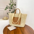 Bolso tote de paja tejida grande con bolsillos de cuero para vacaciones de verano - Blanco Roto