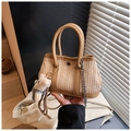 Brown woven straw beach bag with leather handle, gold chain, and cute teddy bear charm - Khaki (With Charm)