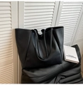 Bolso tote negro minimalista de cuero PU de gran capacidad con elegante textura de lichi - Negro