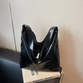 Glossy black leather Hobo tote bag with wide shoulder strap for a minimalist look - Black